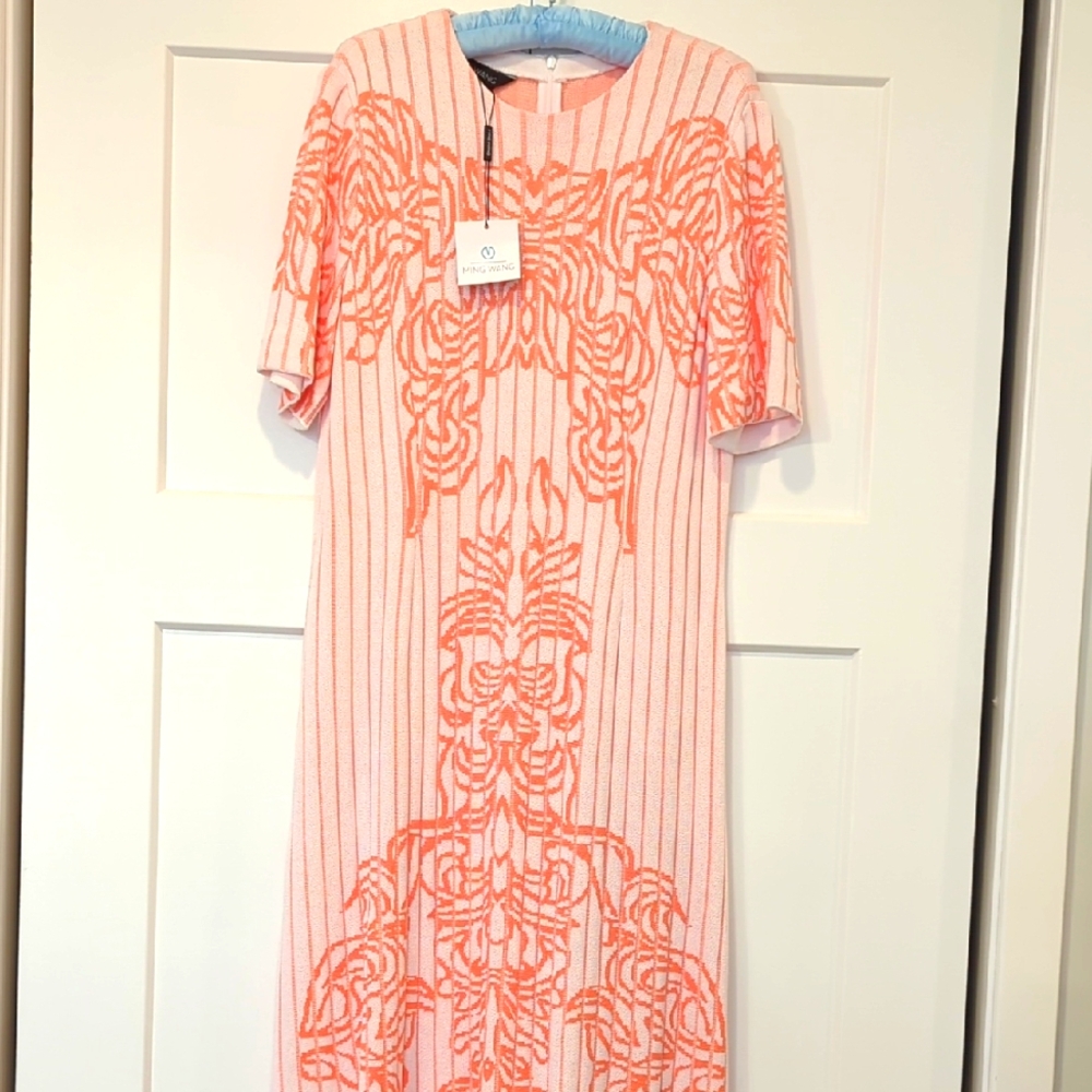 Ming Wang SS Jaquard Print Dress Coral/White  M New
